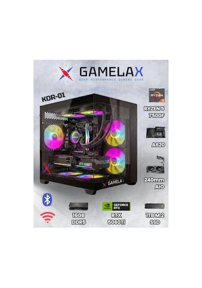 Gamelax Kor-01 Amd Ryzen5 7500f Rtx5060 Ti 8gb 16gb Ddr5 Ram 1tb M.2 Ssd 240mm Sıvı Soğutma Wi-fi Ma