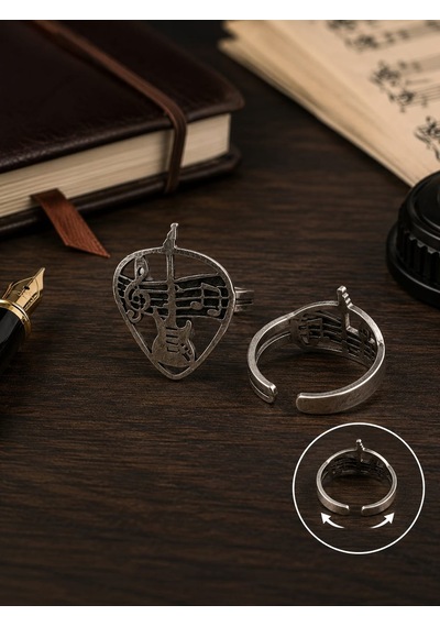 Gitar Ve Nota Desenli Pena Formlu Ayarlanabilir Kadın Yüzüğü Gümüş - Gri
