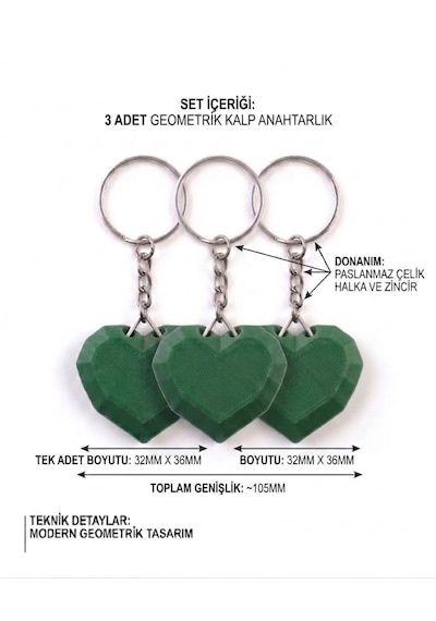 3'lü Geometrik Kalp 3d Anahtarlık & Çanta Süsü Yeşil