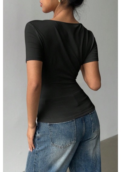 Kadın Çapraz Yaka Kısa Kollu Slim Fit Bluz Siyah