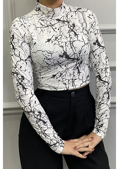 Modazeyosh Mermer Desen Crop Bluz Beyaz