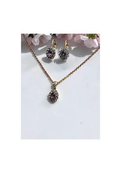 Kristal Taşlı Oval Kolye Ve Küpe Seti Mor