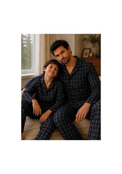 Free Beka Ekose Desenli Baba Oğul Uzun Kollu Gömlek Yaka Düğmeli Erkek Pijama Takımı Gri