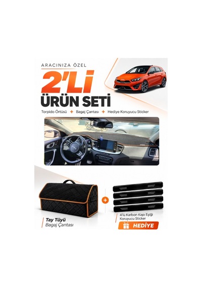 Kia Ceed 2020-2025 Uyumlu Torpido Örtüsü + Tay Tüyü Bagaj Çantası + Sticker - Siyah Kahverengi