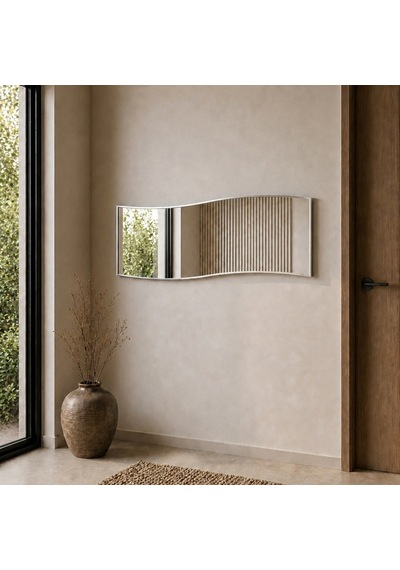 Modern Dalgalı Boy Aynası 40x120 Cm Organik Formlu Minimalist Dekoratif Duvar Aynası 2026 Trend Gümüş