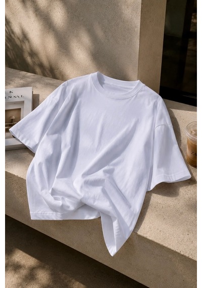 Bbbutikbasic Erkek Oversize Basic Bisiklet Yaka Pamuklu Tişört My3535 Beyaz
