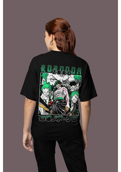 Tasarım Roronoa Zoro Sırt Baskılı Unisex Oversize One Piece Anime Siyah