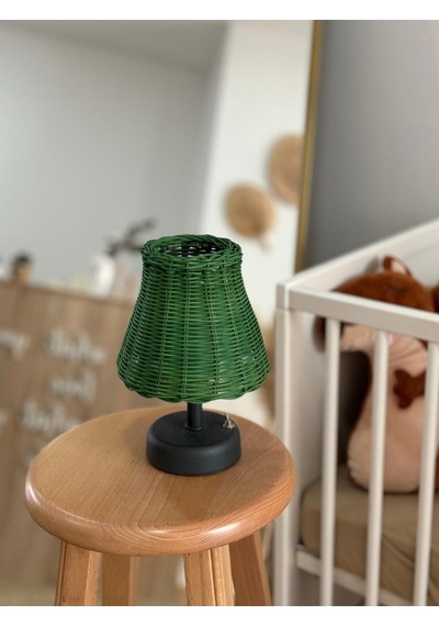 Yeşil Rattan & Bambu Masa Üstü Kablosuz Pilli Abajur Masa Lambası Alt Ayak Antrasit