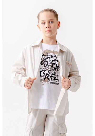 Giyicem Kız Çocuk Yan Pileli Gömlek T-shirt İkili Takım 1809 Ekru