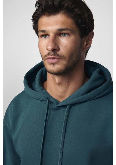 Tudors Oversize Pamuk Kapüşonlu Basıc Petrol Rengi Unisex Sweatshirt-29411-petrol Petrol