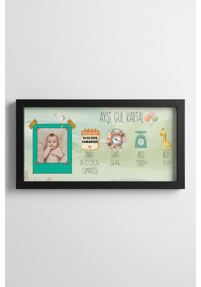 Kişiye Özel Bebek Doğum Tablosu 60x25 Cm Çerçeveli İsimli Bebek Odası Duvar Dekoru