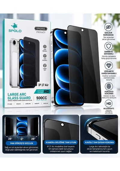 Spolo İphone 17 Air Hayalet Ekran Koruyucu 500cc Full Hd Large Arc Gizlilik Camı Darbe Ve Çizilme Koruyucu