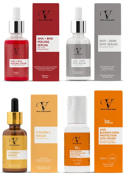 Vitanova Aha-Bha Peeling Serum 30 ML + Dark Spot Serum 30 ML + Vitamin C serum 30 ML + Leke Karşıtı Güneş Kremi SPF50+ 50 ML