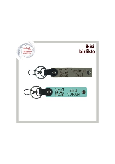 İlişkinize Patili Dokunuş Katacak Anlamlı Hediye, Kedi Motifli Deri Anahtarlık Takımı, Gri-turkuaz