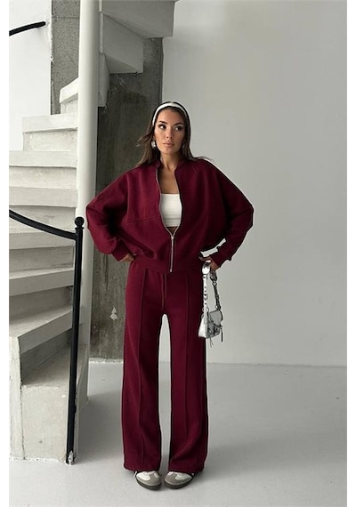 Neşeli Butik Kadın 3 İplik Şardonlu Oversize Eşofman Takımı Nbg105 Bordo