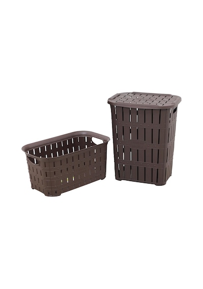 Sağlam Plastik Bambu Görünümlü Kirli Çamaşır Sepeti- Çamaşır sepeti 2'li Set Kahverengi Diğer