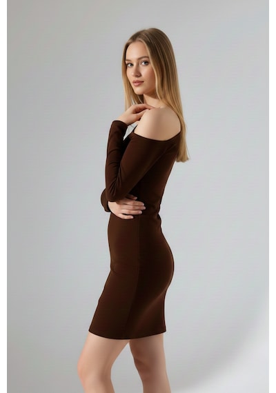 Zedefx Kadın Tek Omuz Bodycon Elbise Kahverengi