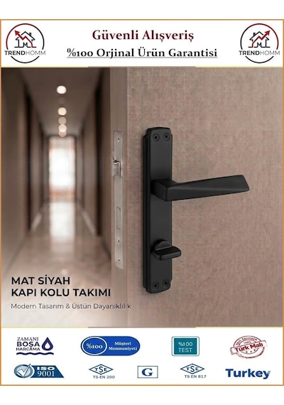 Trendhomm Prizma Aynalı - Mat Siyah - Wc Banyo Kapı Kolu - Sol
