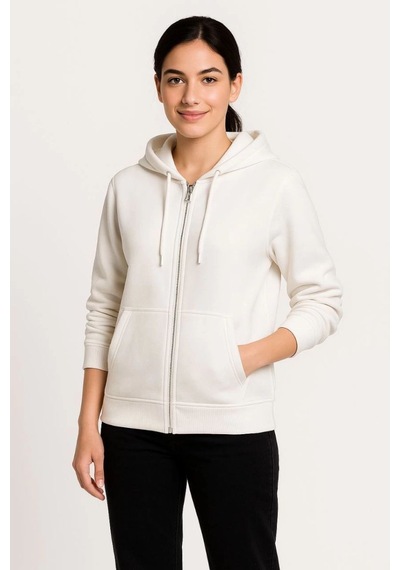 Kadın 3 İplik Kapüşonlu Tam Fermuarlı Kanguru Cepli Sweatshirt Hoodie - Beyaz