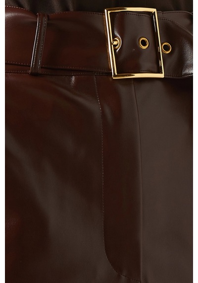 Rowen Rose Belted Maxi Skirt, Lüks Eco Leather Kuşaklı Şık Maxi Etek Kahverengi