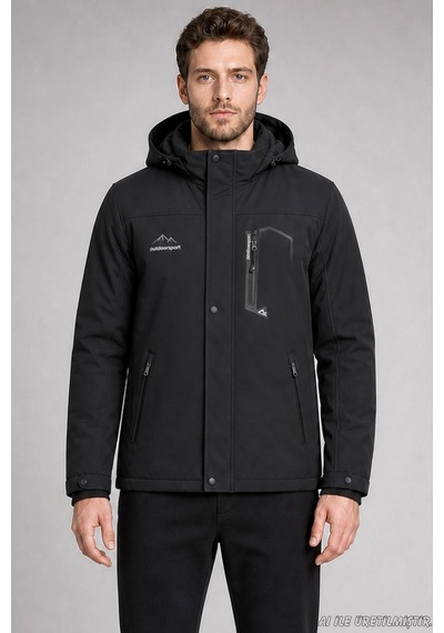 Freemen Erkek Kapüşonlu İçi Kürklü Su Ve Rüzgar Geçirmez Outdoor Softshell Mont-414 Siyah