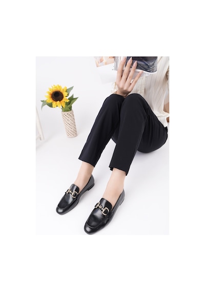 Muggo Stride Metal Tokalı Kadın Günlük Loafer Ayakkabı Siyah