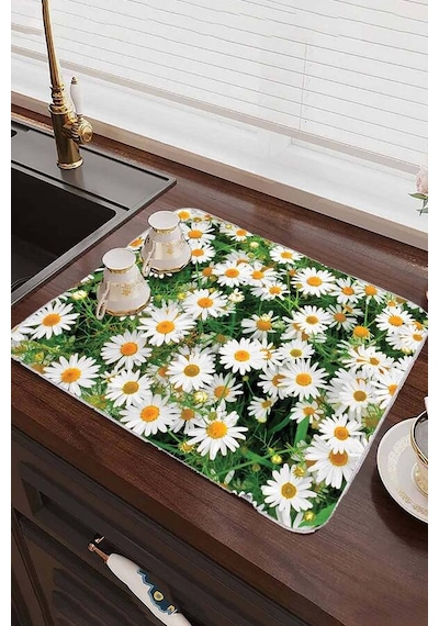 Yeşil Çiçekli Microfiber Bulaşık Kurutma Kurulama Matı Mm016n11