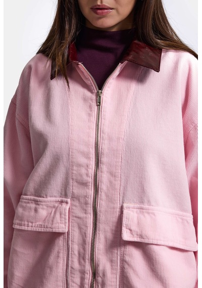 Kadın 6w6-98 Oversize Velvet Kadife Kumaş Deri Detaylı Tasarım Ceket Pembe