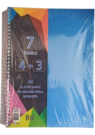 4+3 Ayraçlı Defter 7 Konulu 175 Yaprak 1 Adet 4 Kareli 3 Çizgili Spralli Plastik Kapak Seperatörlü Mavi