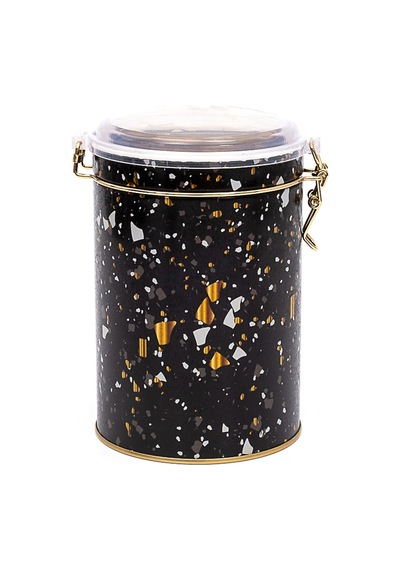 Terrazzo Black Desenli Kilitli Kapaklı Yuvarlak Metal Kutu, 10.5 X 15 Cm, 1.1 Lt