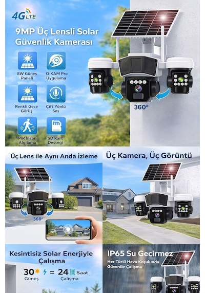 Uniywell 9mp 3 Lens 4g/wifi Sim Kartlı Güneş Enerjili Güvenlik Kamerası Aı İnsan Takibi, İki Yönlü Ses, Kablosuz