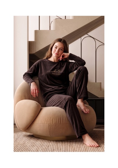 Nisanca Kışlık Kadın Kadife Pijama Takımı - Süper Soft Serisi Kahve