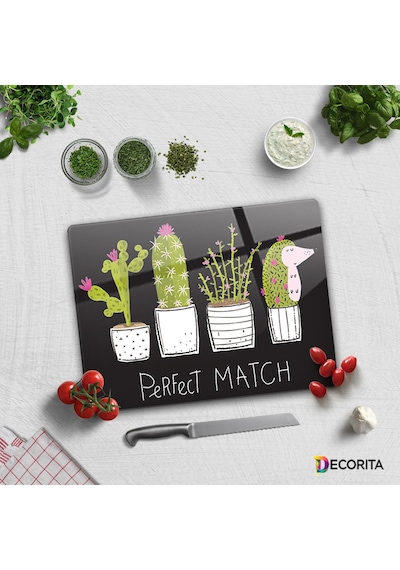 Decorita Cam Kesme Tahtası | Perfect Match-Siyah Fon|30cm x 40cm
