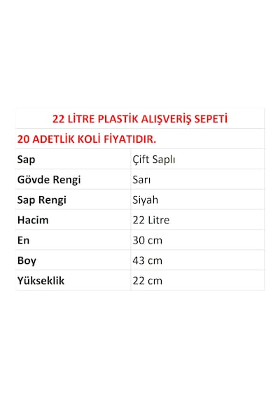 22 Litre Plastik Market Alışveriş El Sepeti Sarı 20 Adet / En:30 Boy:43 Yükseklik:22 Cm Sarı