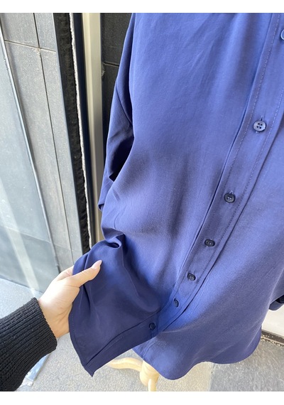 Pera Moda Yakası Taşlı Modal Kumaş Oversize Kadın Gömleği İndigo