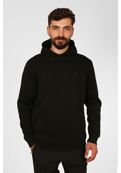 Nature The Brand Kapüşonlu Sweatshirt Fleto Cep Detaylı Reflektör Baskılı Şardonlu Siyah