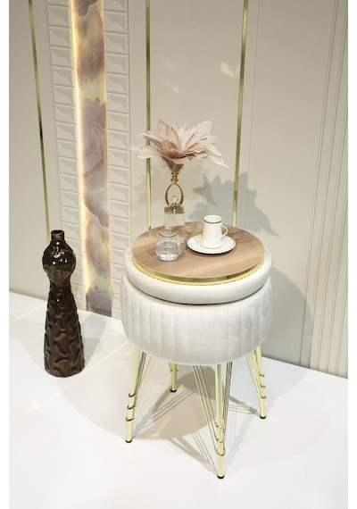 Bianco Metal Ayaklı Sehpalı Puf Altın Kırık Beyaz Gold Off White