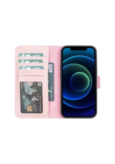Apple Uyumlu  iPhone 13 Deri Cüzdanlı Kılıf Nu2 Pembe
