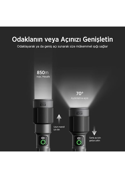 Bix Flashlight Bx5101fl 60w Led, Max. 2300 Lümen Parlaklık Ve 850 Metreye Kadar Uzun Menzilli, Şarj Edilebilir, Led Güç Göstergeli Ve Çok Modlu Kamp Acil Durum İçin Kompakt El Feneri