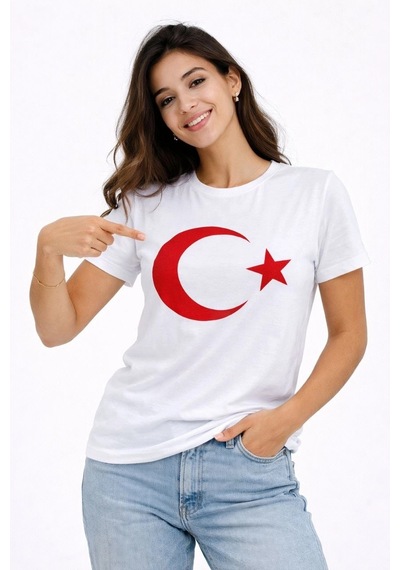 Kadın T-shirt Kısa Kol Bisiklet Yaka Ay Yıldız Bayrak Baskılı Tişört - Beyaz