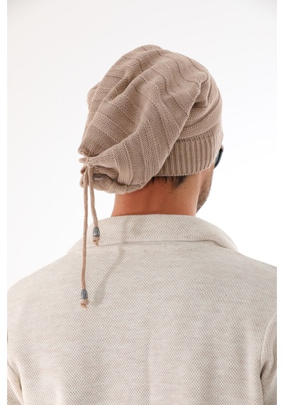 Ritagarcia Unisex Arkası İpli Büzgülü Triko Bere Kışlık Dökümlü Slouchy Beanie Bere Bej