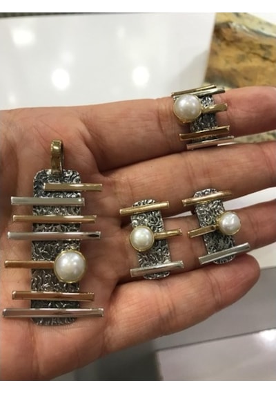 İnci Taşlı Gümüş Set 925 Ayar Doğal Taş
