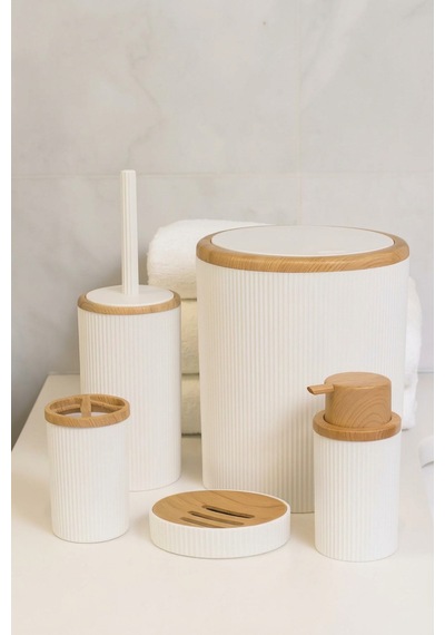 Makri Home Banyo Seti 5'li, Beyaz, Ahşap Desenli, Yuvarlak
