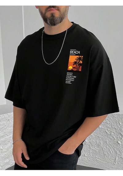 T-shirt - Beach Baskılı Oversize Bisiklet Yaka Kısa Kol Tişört Siyah