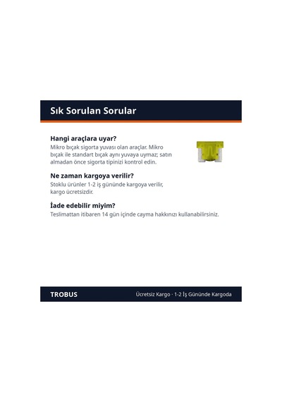 Trobus Oto Sigortası Bıçak Tip Mikro Boy 20 Amper Sarı 10'lu Diğer