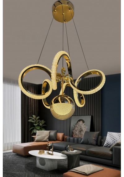 Kıvrım Tekli Fanus Top Simli Slikonlu Modern Oturma Led Avizesi - Kumandalı / Gold Gold