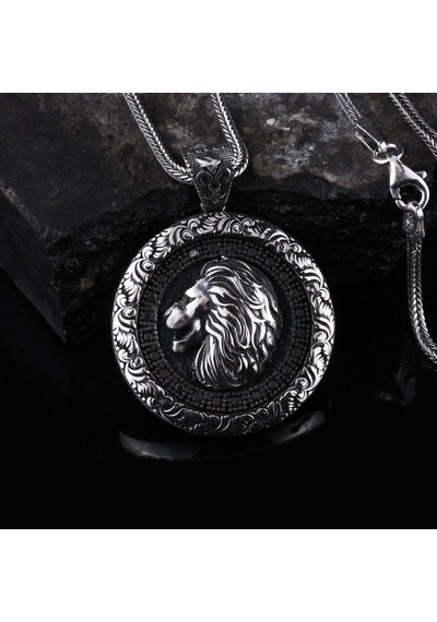Otantik Motifli Zirkon Taşlı Gümüş Aslan Kolye Gümüş
