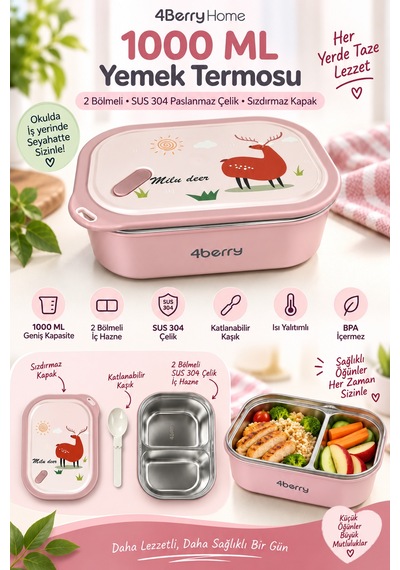 2 Bölmeli Yemek Termosu - Pembe Geyik Desenli Beslenme Kabı - 1000 Ml, Sızdırmaz, Kaşıklı, Paslanmaz Çelik