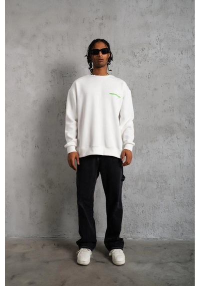 Erkek 3 İplik Bisiklet Yaka Baskılı Sweatshirt - Beyaz