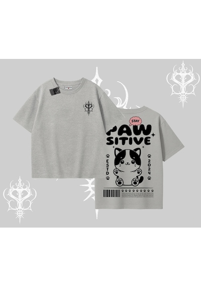 Tarzsokak Paw Sitive Kedi Arka Baskılı Oversize Tshirt Gri